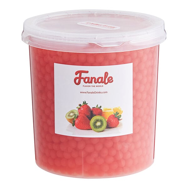 A plastic container of red Fanale Cherry Popping Boba with a lid.
