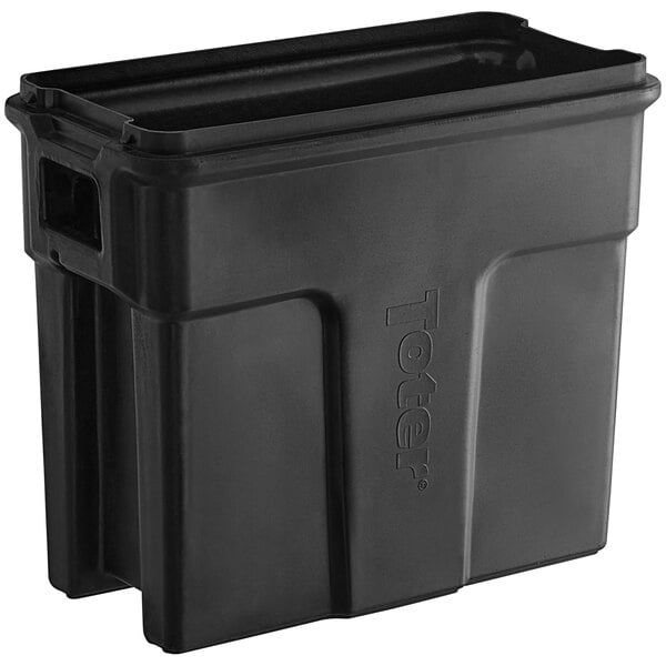 A black Toter Slimline 16 gallon trash can.