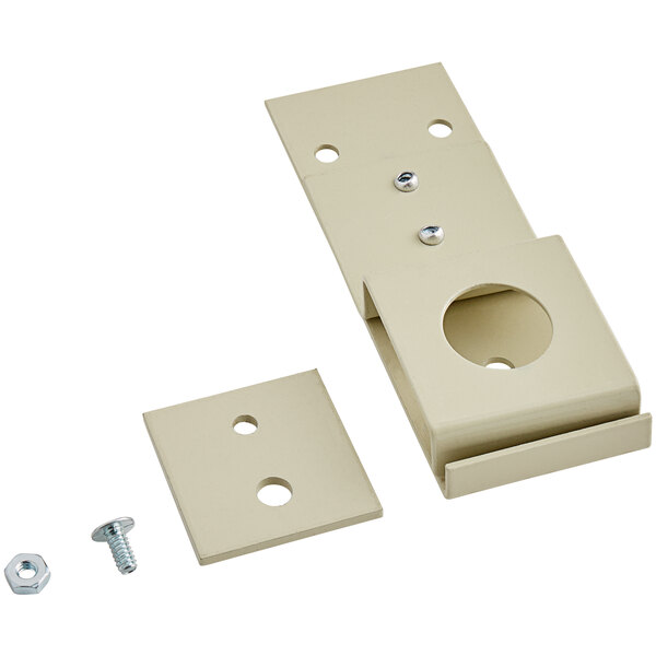 A beige metal bracket with screws and nuts.