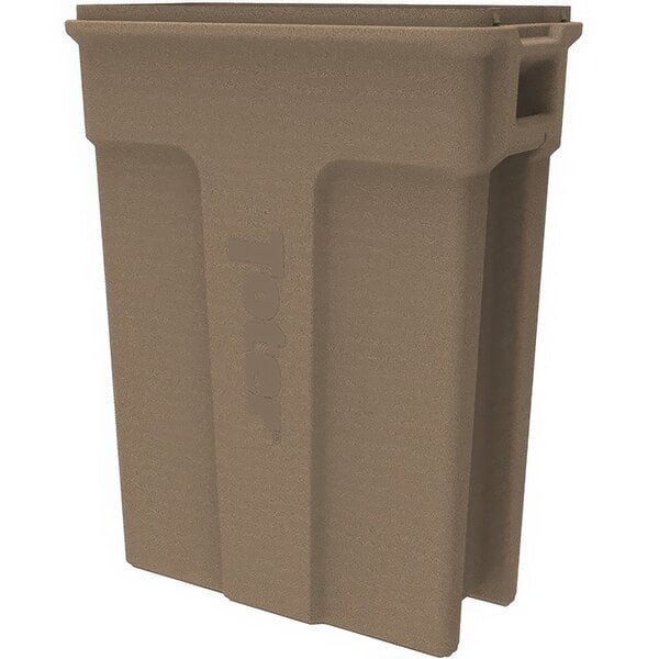 A brown plastic Toter Slimline trash can with a lid.