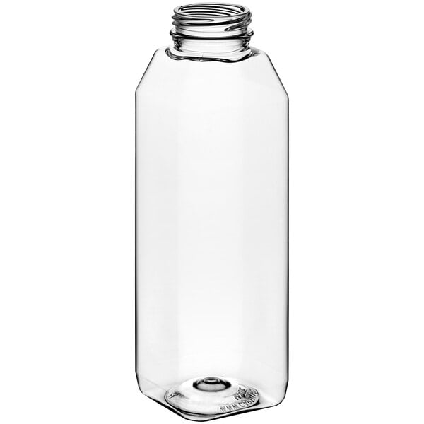 A clear plastic tall square juice bottle with a round neck.