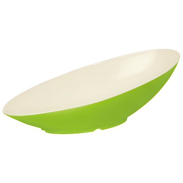 A green and white oval slanted melamine bowl.
