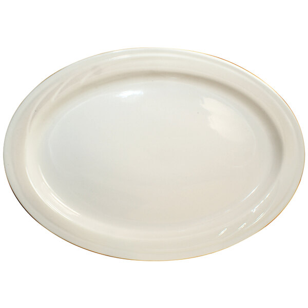 An ivory oval stoneware platter with an embossed border.