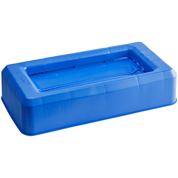 A blue rectangular Toter Swing Lid for Slimline Trash Cans.