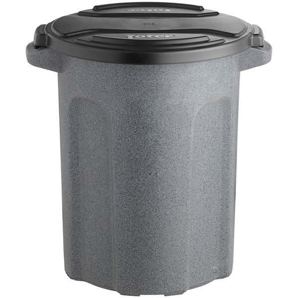 A dark gray plastic Toter trash can with a black lid.