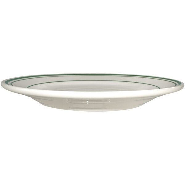An International Tableware Verona ivory stoneware plate with green stripes.
