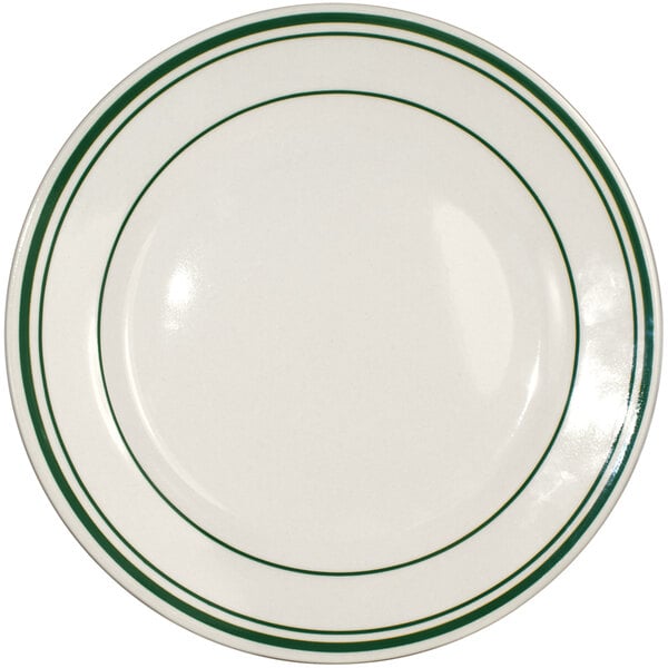 An International Tableware Verona ivory stoneware plate with green lines.