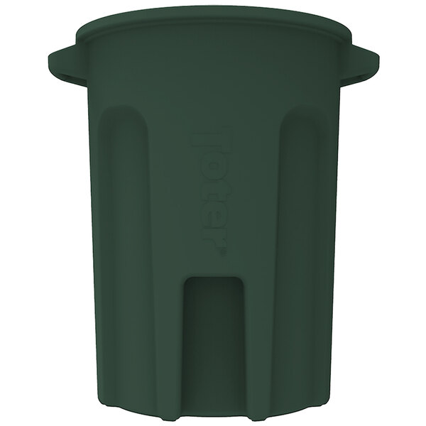 A green plastic Toter round trash can with a lid.