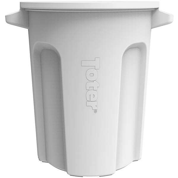 A close up of a white Toter round plastic trash can with a lid.