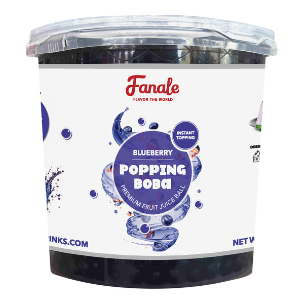 A container of Fanale Blueberry Popping Boba on a table with a label.