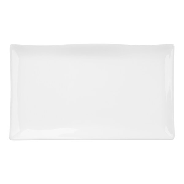 A white rectangular platter with slightly wavy edges and a glossy finish.
