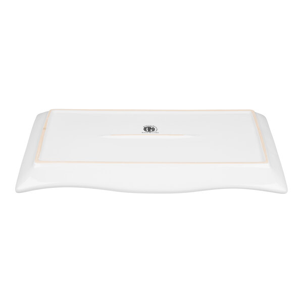 A white rectangular platter with wavy edges and a subtle gold border.