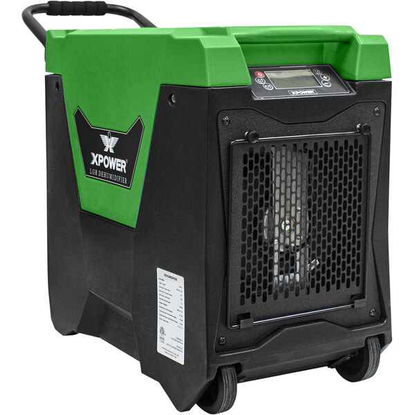 A green and black XPOWER commercial dehumidifier with wheels.