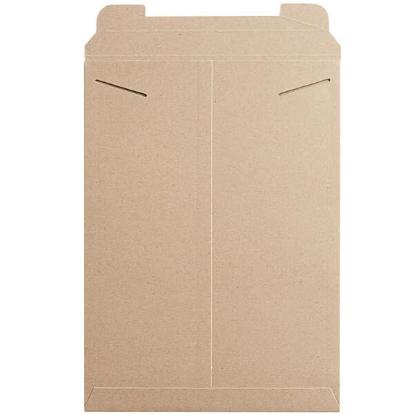 A brown rectangular Lavex Stayflats Kraft mailer box with two holes.