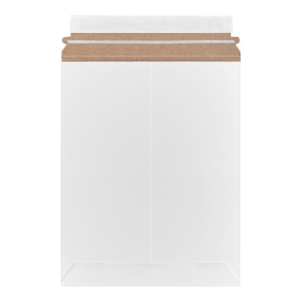 A white self-sealing rigid mailer with a brown adhesive strip at the top.