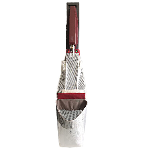 A white mesh bag with a red and silver purse design and a red handle.