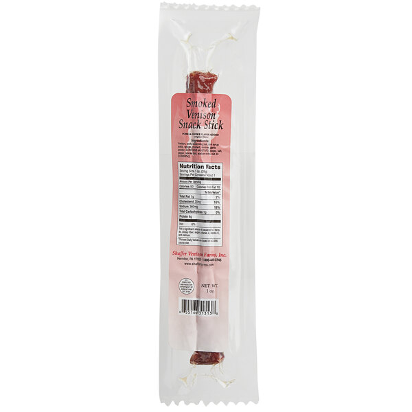 A package of Shaffer Venison Farms venison snack sticks in a plastic bag with a label.