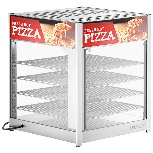 A ServIt countertop display warmer with a glass door and pizza sign.