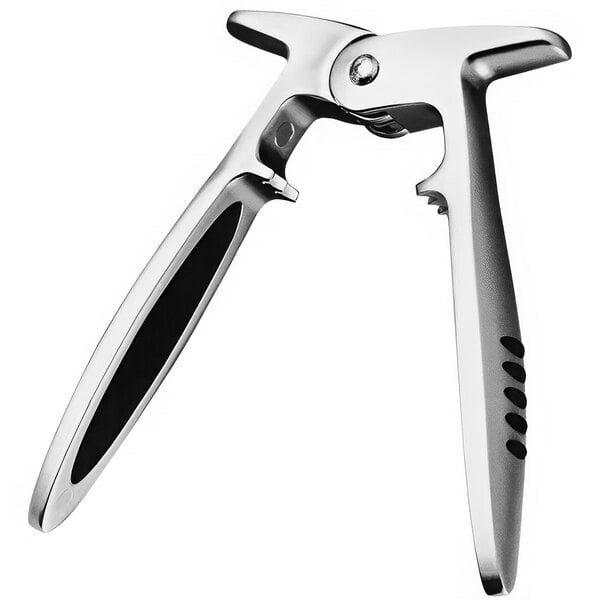 A silver champagne opener with black handles.