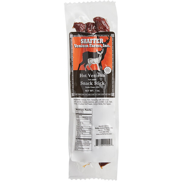 A package of Shaffer Venison Farms Hot Venison Snack Sticks.
