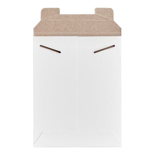 A white tab-locking rigid mailer with a brown flap, designed for secure mailing.