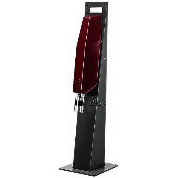A Franmara red and black electric corkscrew on a stand.