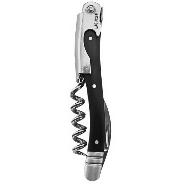 A Laguiole corkscrew with a black handle and silver metal.