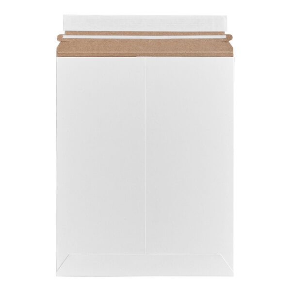 A white self-sealing rigid mailer with a brown flap, designed for secure shipping and mailing.