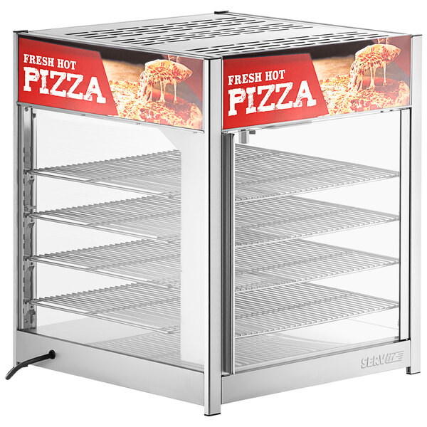 A white ServIt countertop display warmer with a glass door and pizza on the shelves.