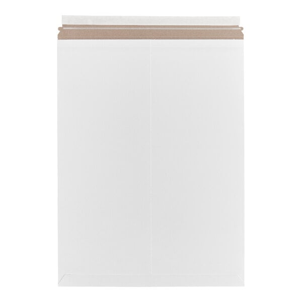 A white self-sealing rigid mailer designed for shipping documents or flat items.