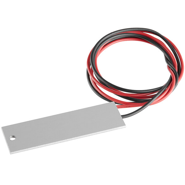 A white rectangular metal box with red and black wires attached.