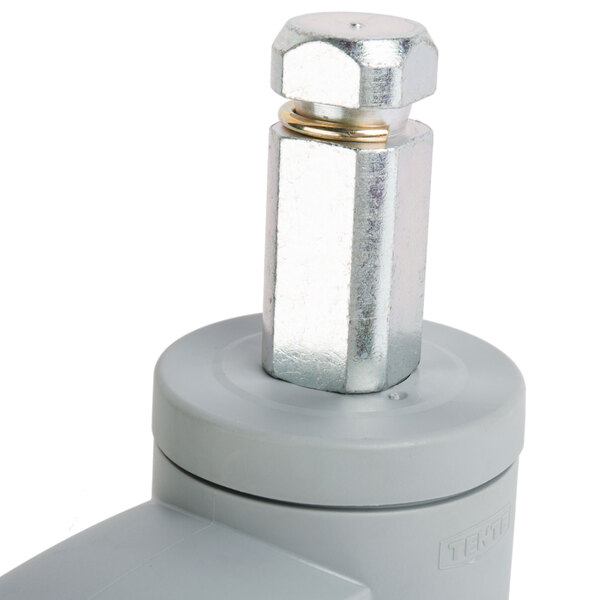 A metal bolt with a grey screw on top.