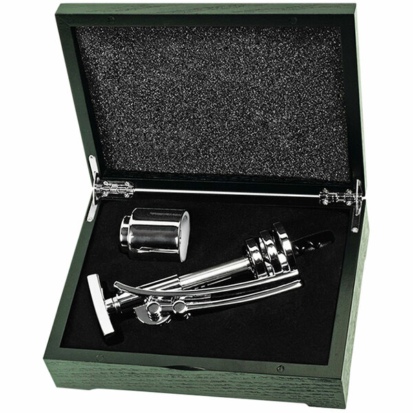A Franmara rachet corkscrew and stainless steel bottle stopper set in a wooden box.