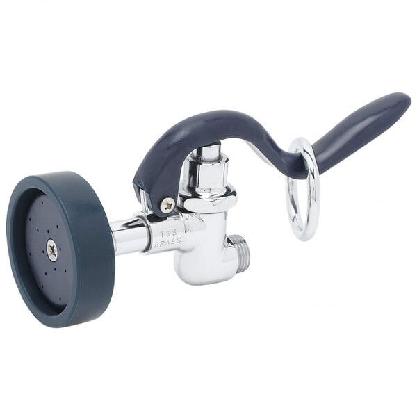 A metal blue spray valve with a black handle on a white background.