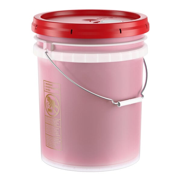 A 5-gallon pink plastic pail with a red lid and metal handle, containing low temperature concentrated dish washing machine detergent.