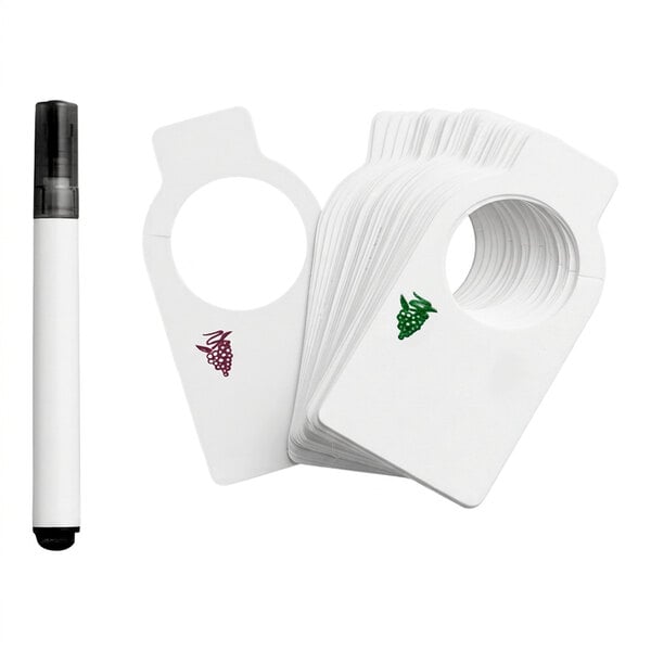 A set of white plastic tags with circular openings and grape illustrations, accompanied by a black marker.