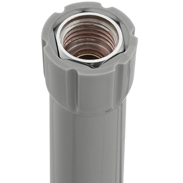 A close-up of a grey plastic threaded pipe.