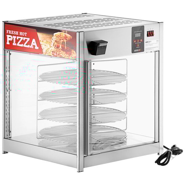 A ServIt countertop pizza warmer with a glass door and a sign on it.