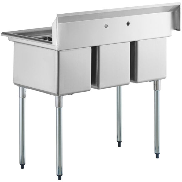 A Regency stainless steel three compartment commercial sink on galvanized steel legs.