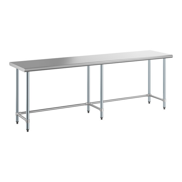 A long rectangular Steelton stainless steel work table with an open metal base.