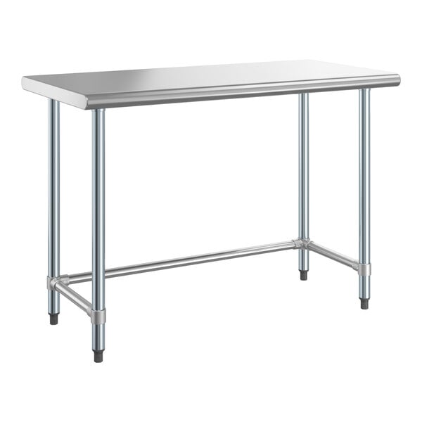 A Steelton stainless steel work table with metal legs.