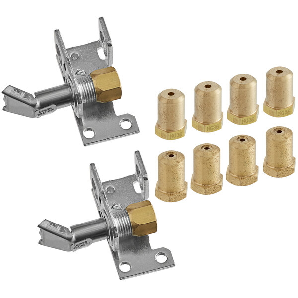 A group of metal Cooking Performance Group parts with brass and gold screws.