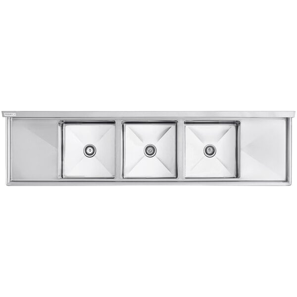 A Regency stainless steel 3 compartment sink with 2 drainboards.