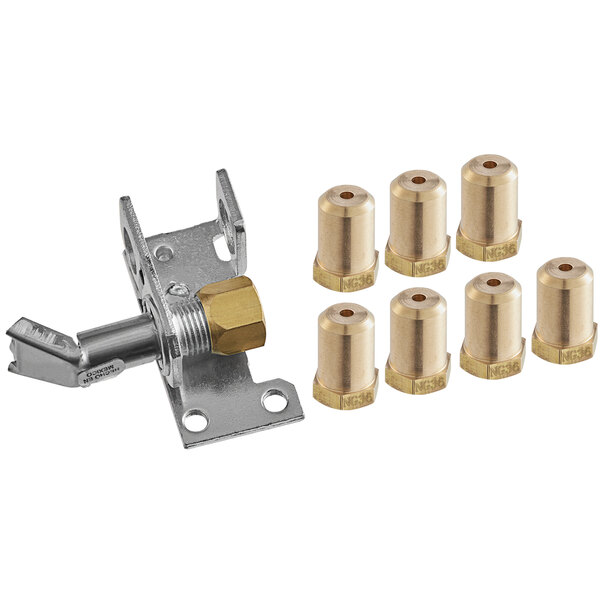 A metal and brass Cooking Performance Group liquid propane to natural gas conversion kit with screws.