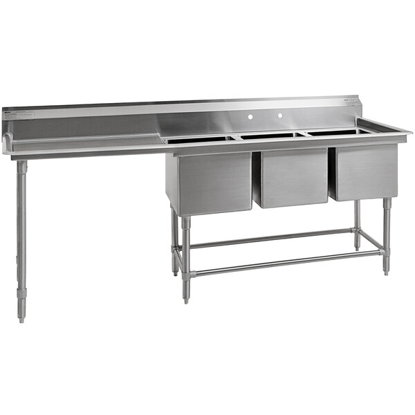 A Eagle Group stainless steel three compartment sink with a left drainboard.