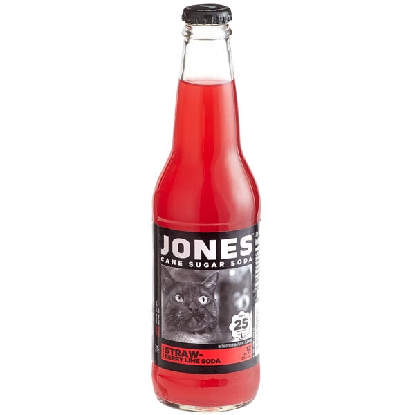 A close up of a case of Jones Strawberry Lime Soda bottles.