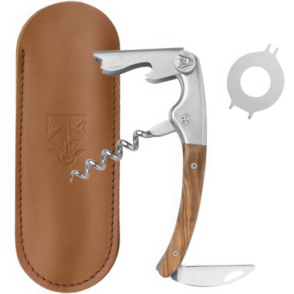 A Clos Laguiole corkscrew with a juniper wood handle and leather case.