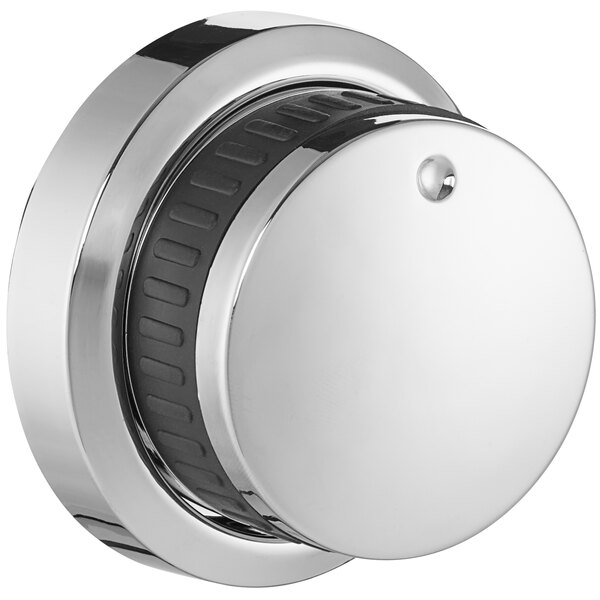 A round silver and black knob with a black rubber band.