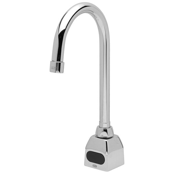 A Zurn stainless steel sensor faucet with a black sensor.