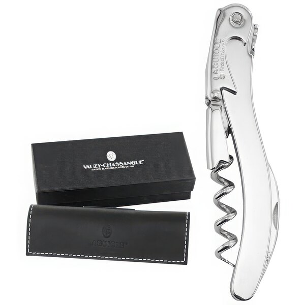 A Laguiole Tradition silver-plated corkscrew in a black case.